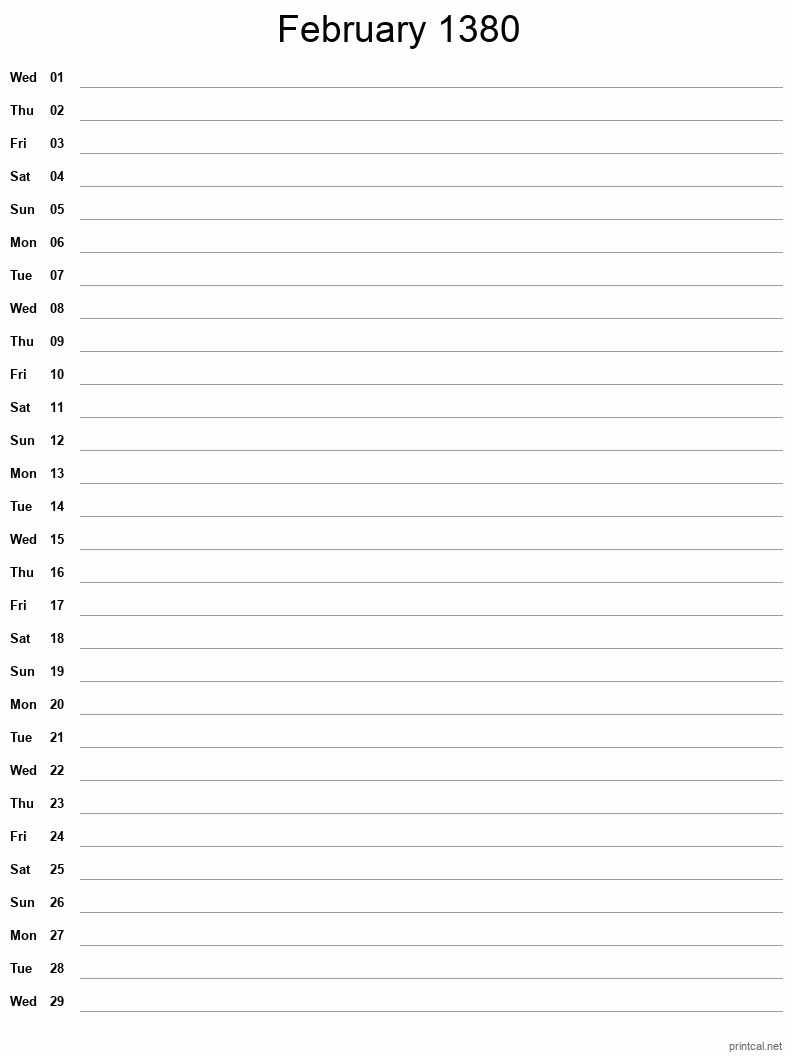 February 1380 Printable Calendar - Single Column Notesheet