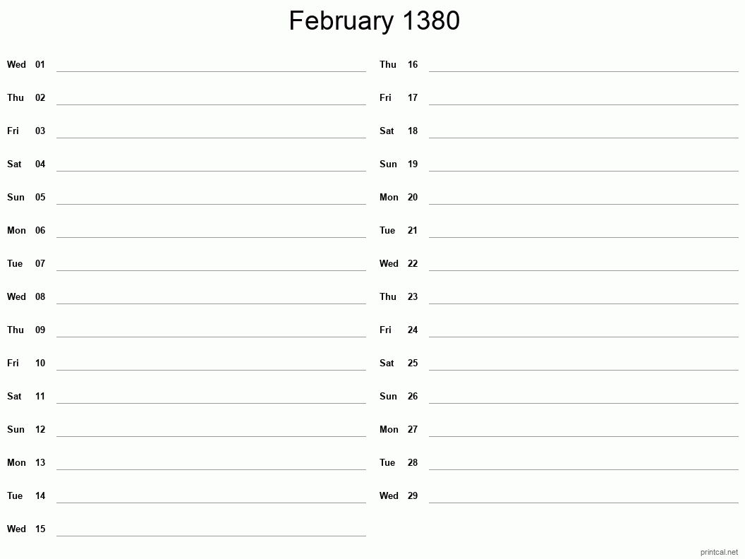 February 1380 Printable Calendar - Two Column Notesheet
