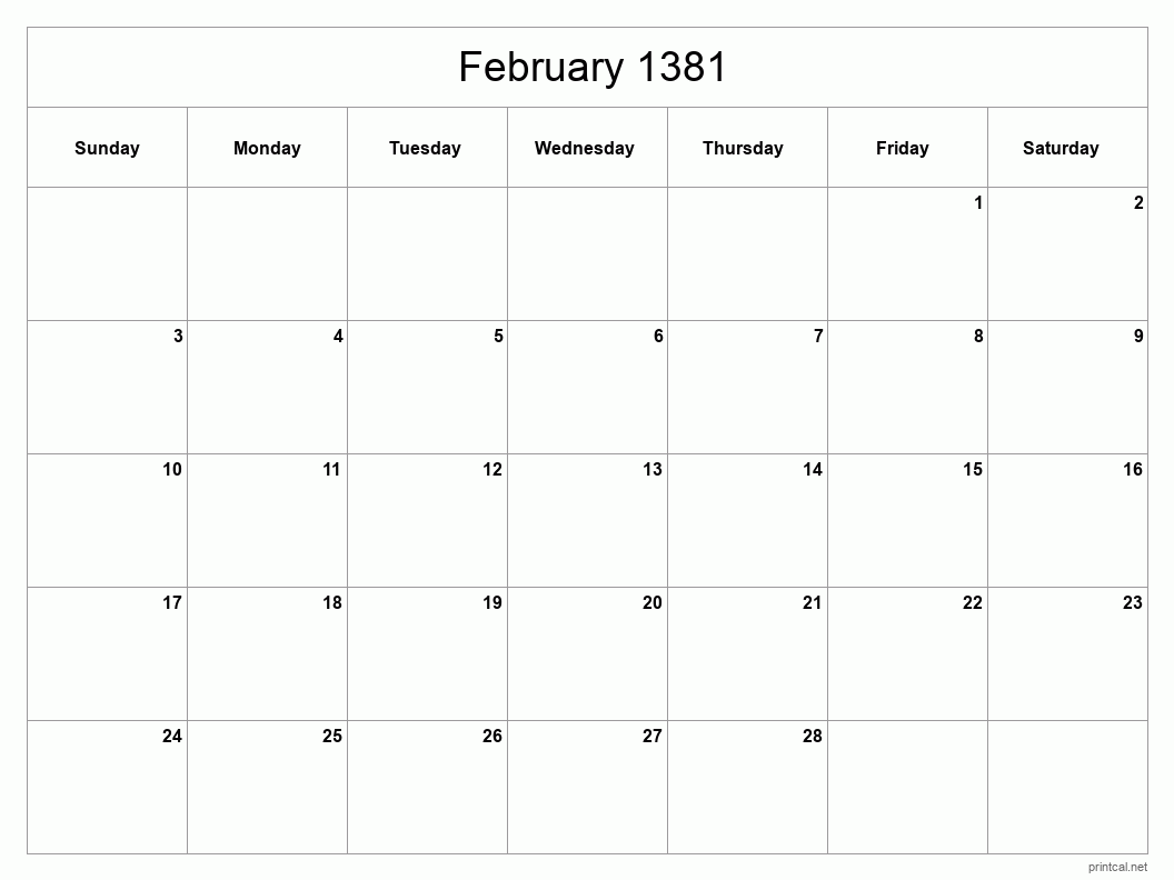 February 1381 Printable Calendar - Classic Blank Sheet