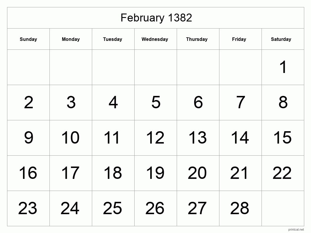 February 1382 Printable Calendar - Big Dates