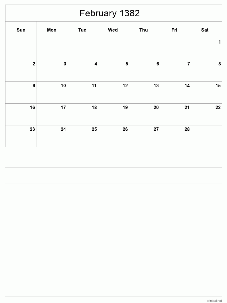 February 1382 Printable Calendar - Half-Page With Notesheet