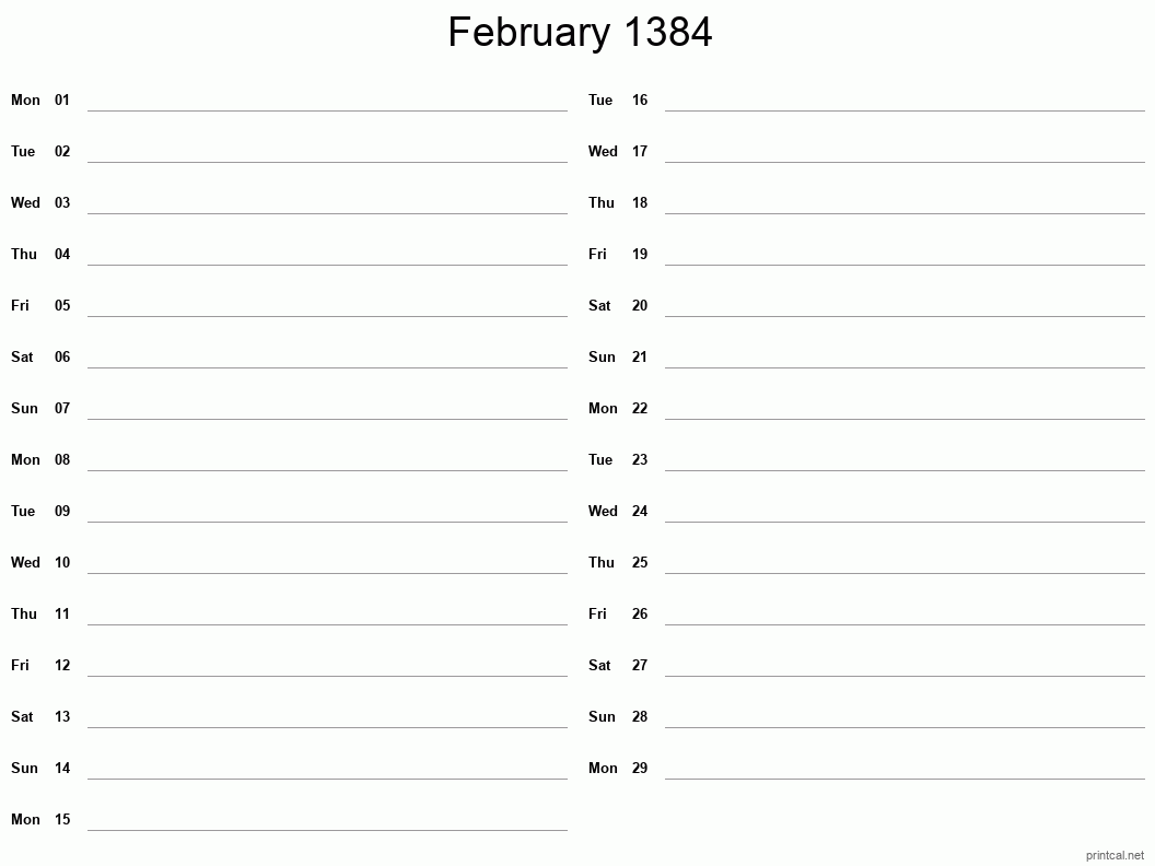 February 1384 Printable Calendar - Two Column Notesheet