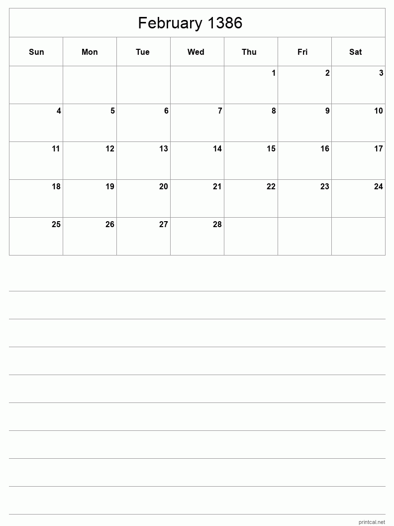 February 1386 Printable Calendar - Half-Page With Notesheet