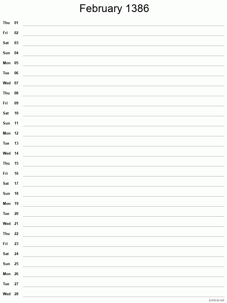 February 1386 Printable Calendar - Single Column Notesheet