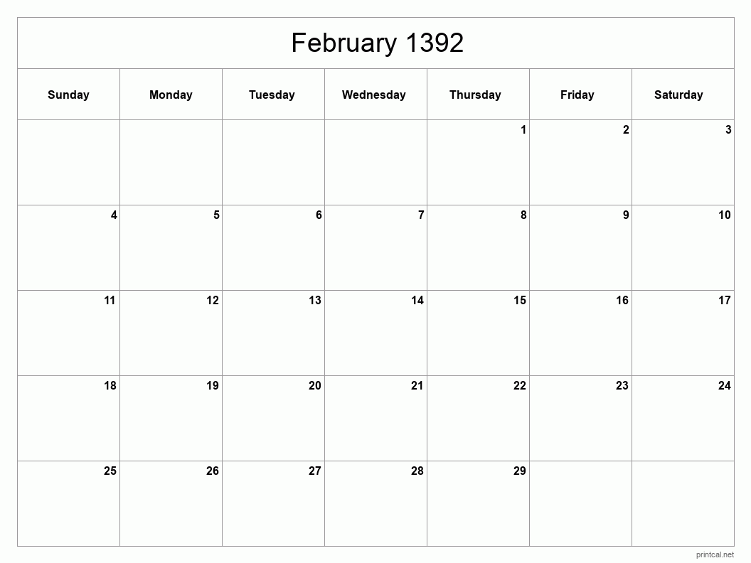 February 1392 Printable Calendar - Classic Blank Sheet