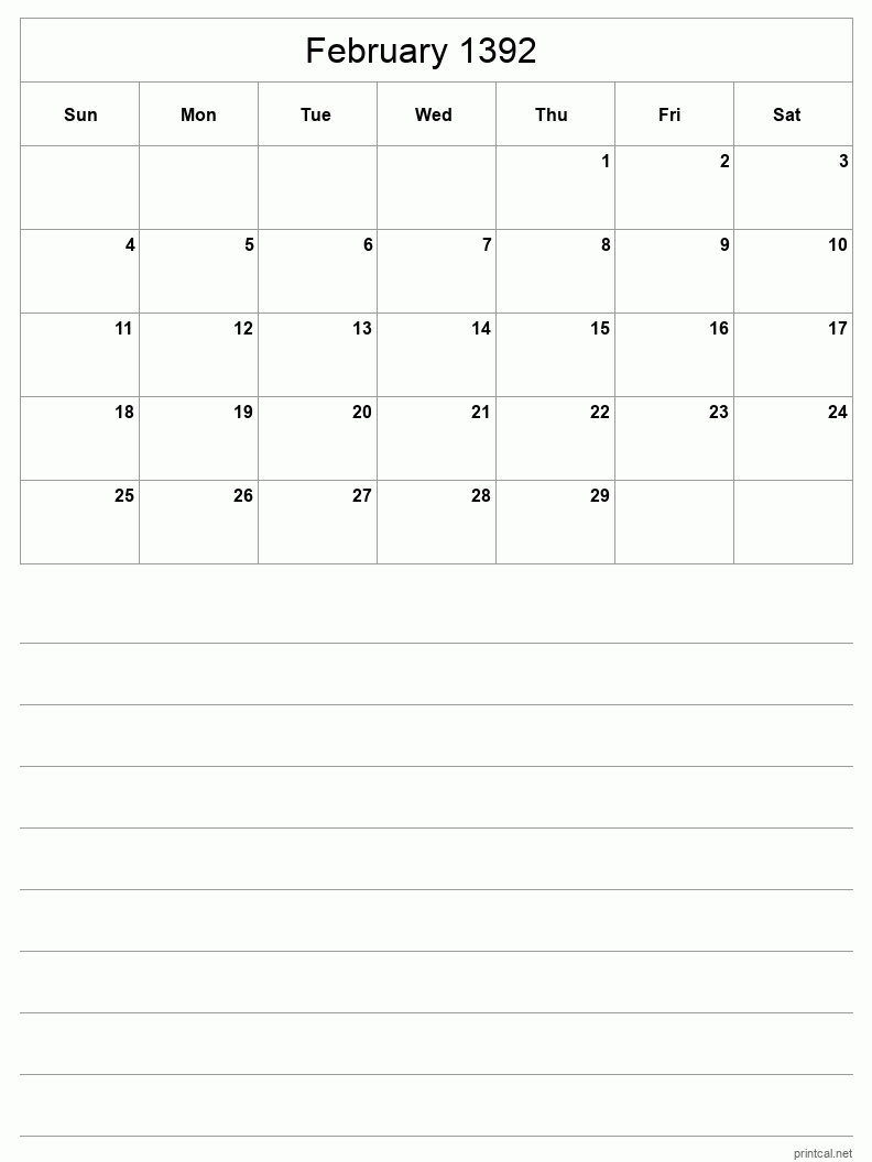 February 1392 Printable Calendar - Half-Page With Notesheet