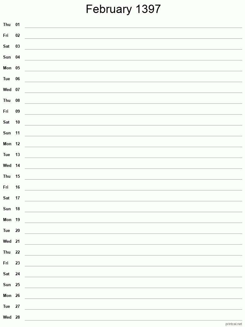 February 1397 Printable Calendar - Single Column Notesheet
