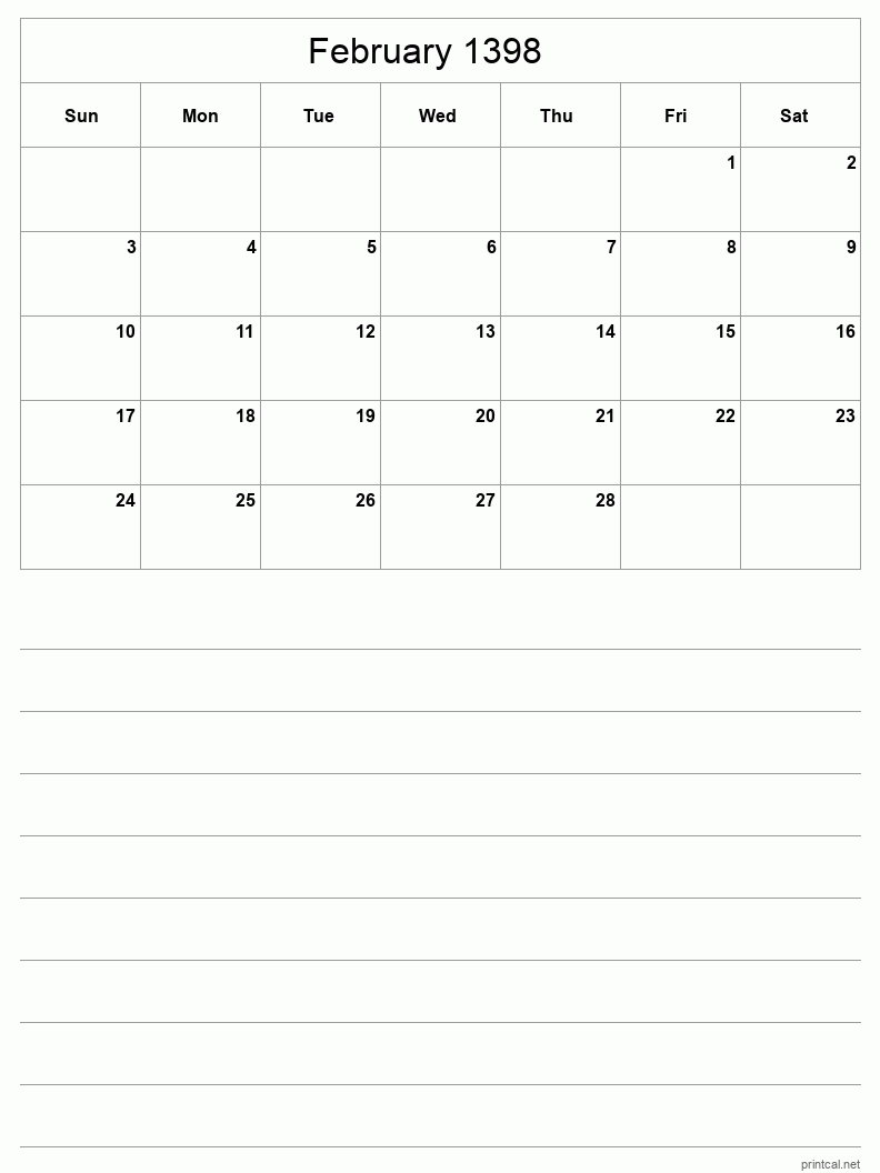 February 1398 Printable Calendar - Half-Page With Notesheet