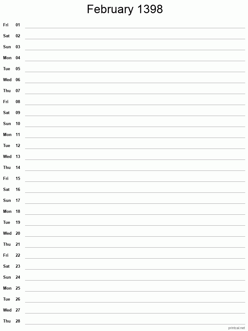 February 1398 Printable Calendar - Single Column Notesheet