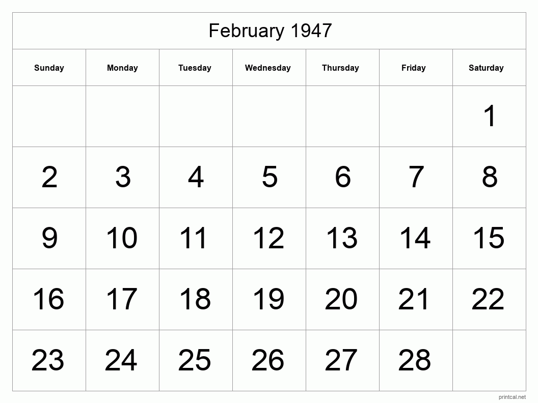 February 1947 Printable Calendar - Big Dates