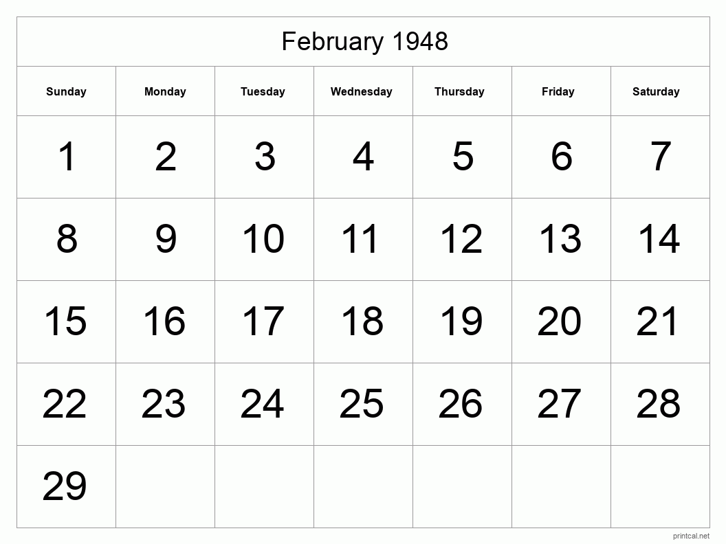 February 1948 Printable Calendar - Big Dates