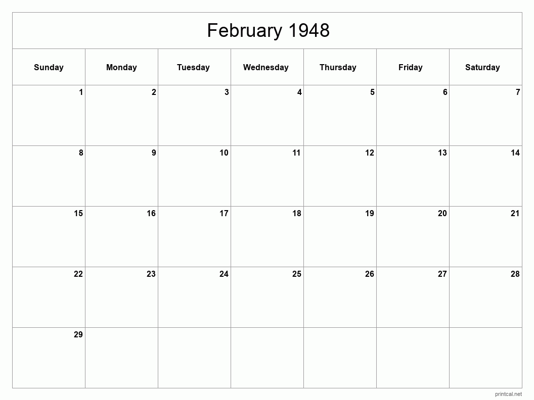 February 1948 Printable Calendar - Classic Blank Sheet