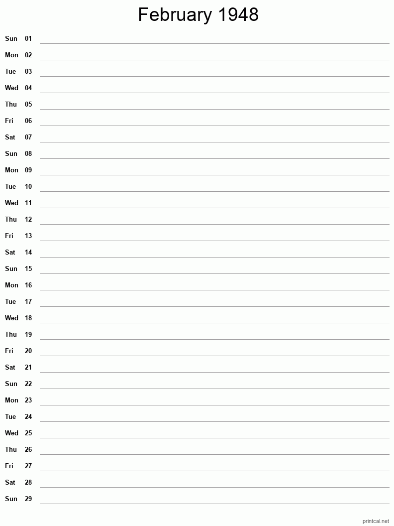 February 1948 Printable Calendar - Single Column Notesheet