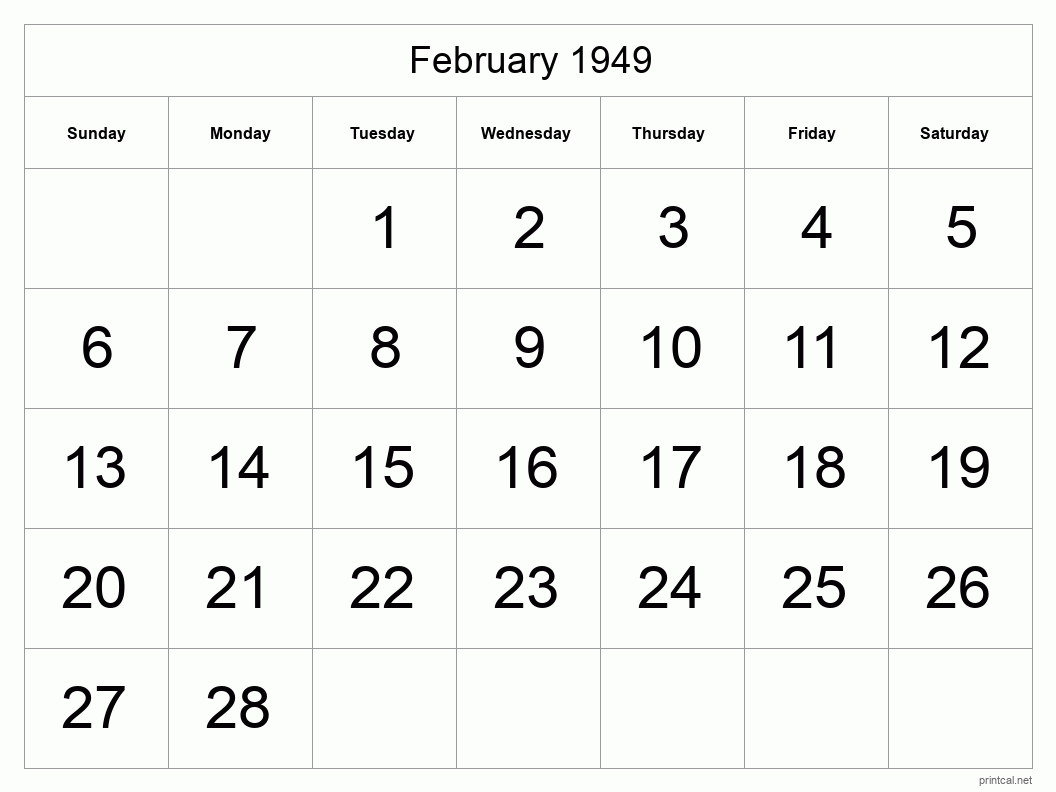 February 1949 Printable Calendar - Big Dates