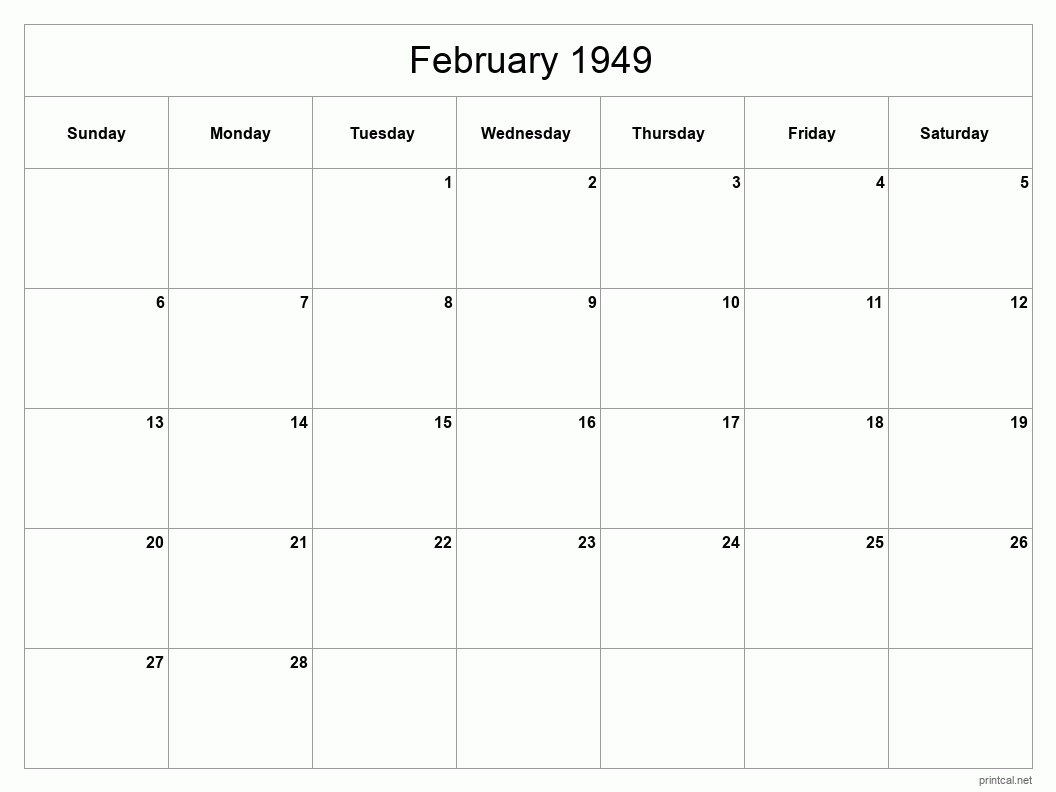 February 1949 Printable Calendar - Classic Blank Sheet