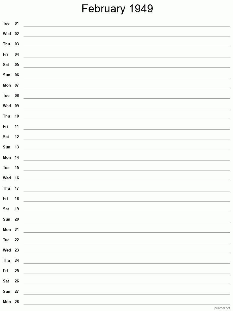 February 1949 Printable Calendar - Single Column Notesheet