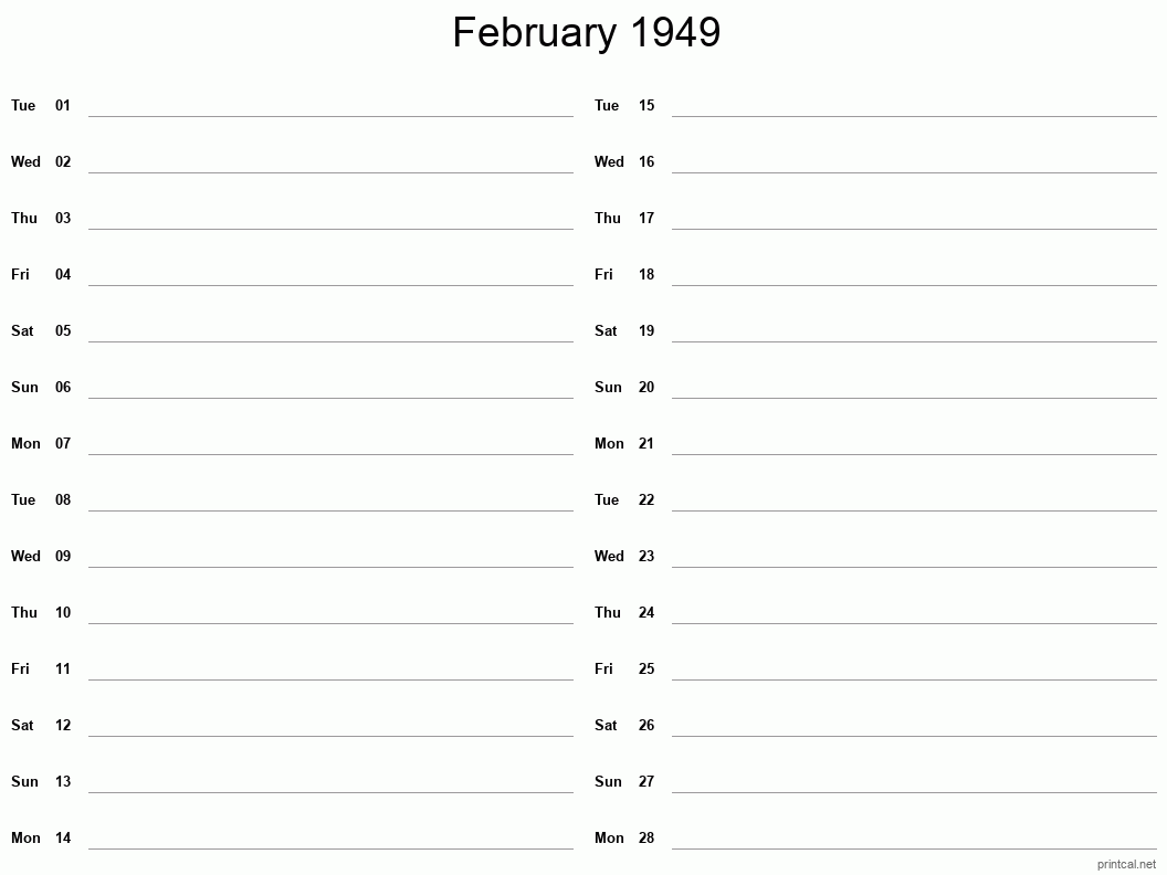 February 1949 Printable Calendar - Two Column Notesheet