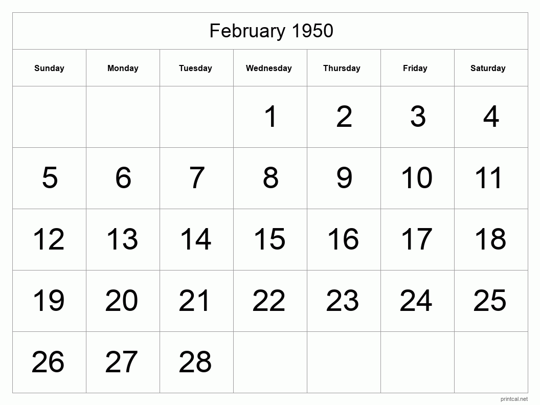 February 1950 Printable Calendar - Big Dates