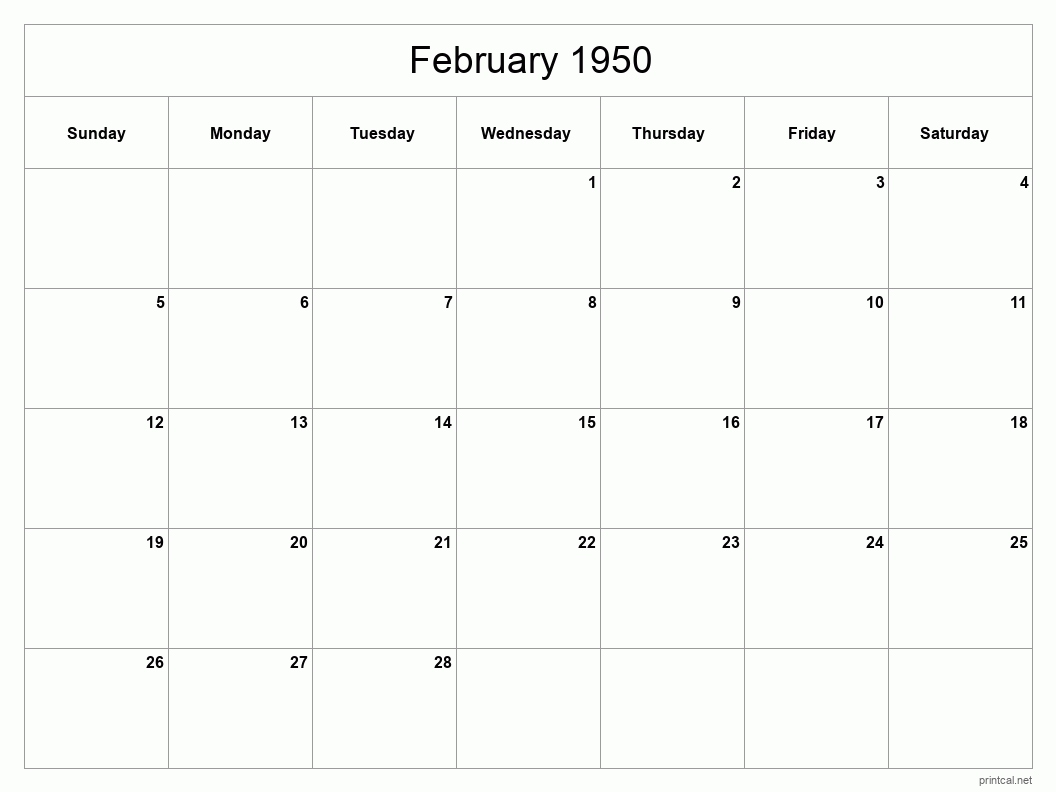 February 1950 Printable Calendar - Classic Blank Sheet