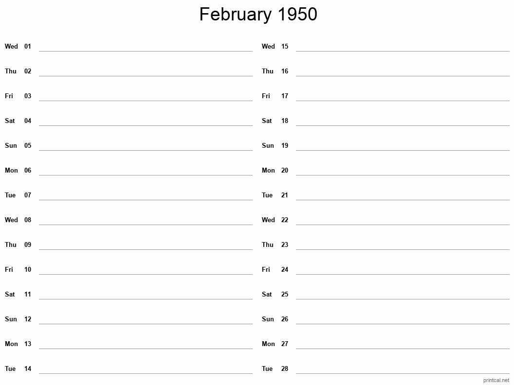 February 1950 Printable Calendar - Two Column Notesheet