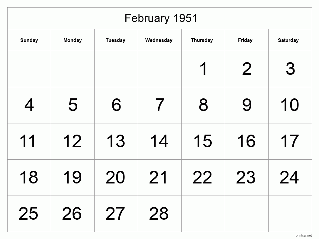 February 1951 Printable Calendar - Big Dates