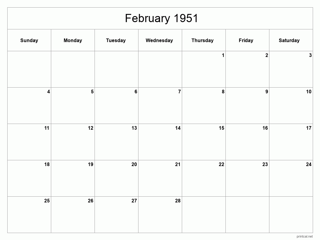 February 1951 Printable Calendar - Classic Blank Sheet