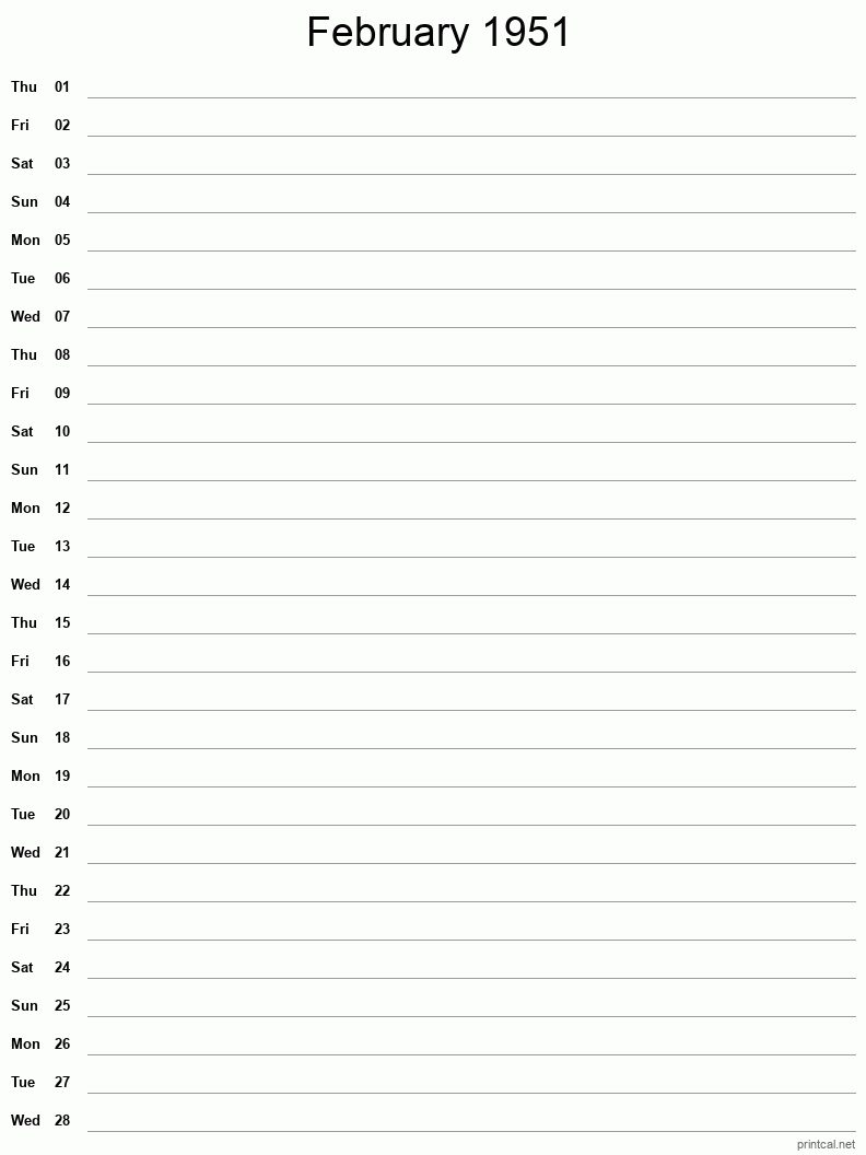 February 1951 Printable Calendar - Single Column Notesheet