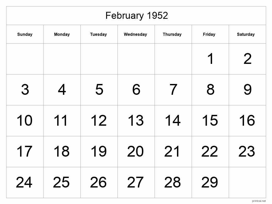 February 1952 Printable Calendar - Big Dates