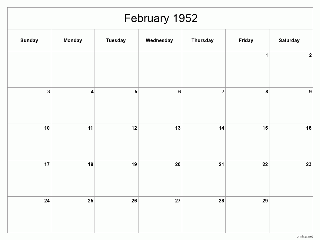 February 1952 Printable Calendar - Classic Blank Sheet