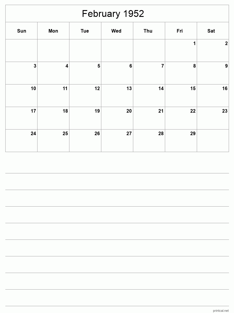 February 1952 Printable Calendar - Half-Page With Notesheet