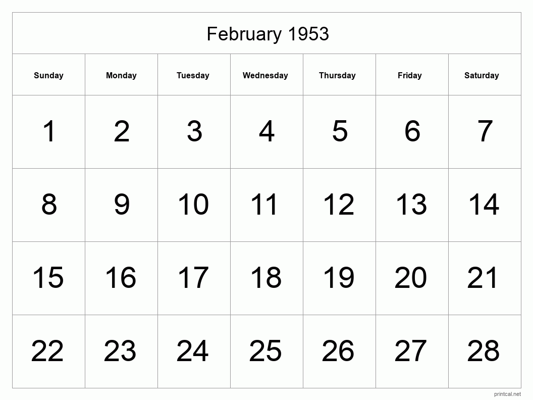 February 1953 Printable Calendar - Big Dates