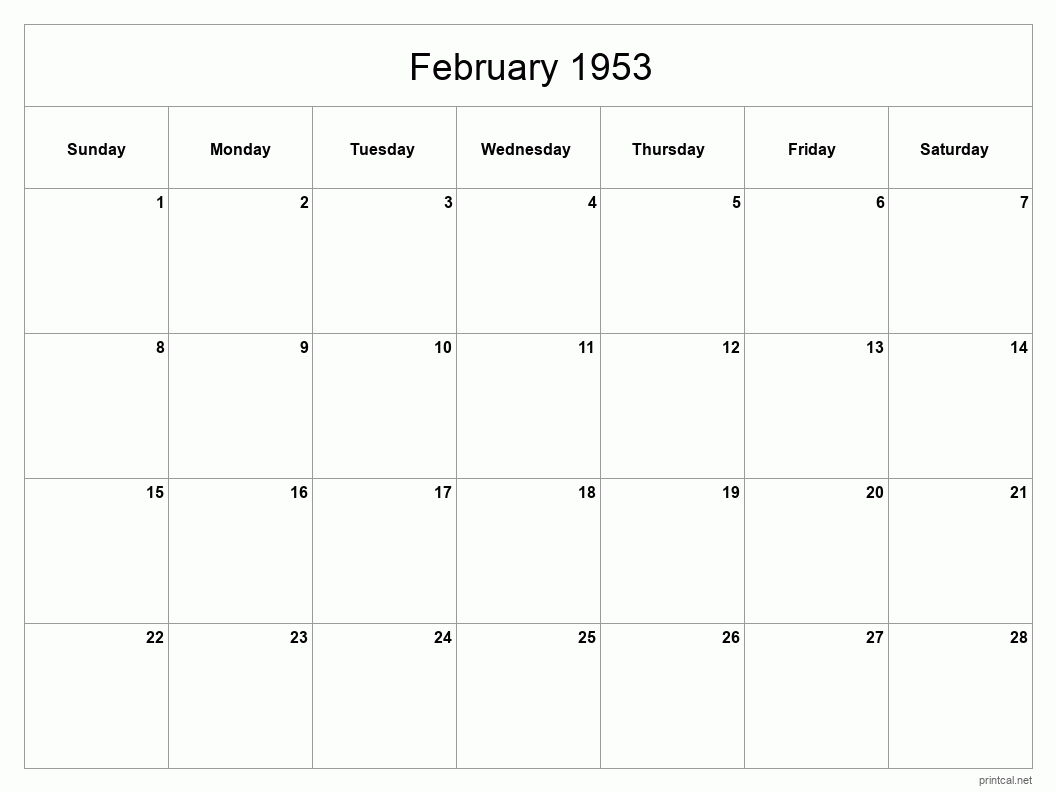 February 1953 Printable Calendar - Classic Blank Sheet