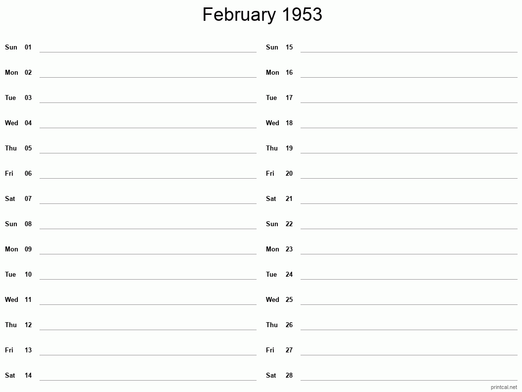 February 1953 Printable Calendar - Two Column Notesheet