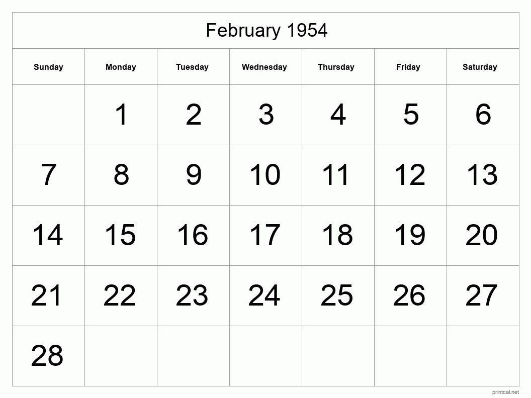 February 1954 Printable Calendar - Big Dates