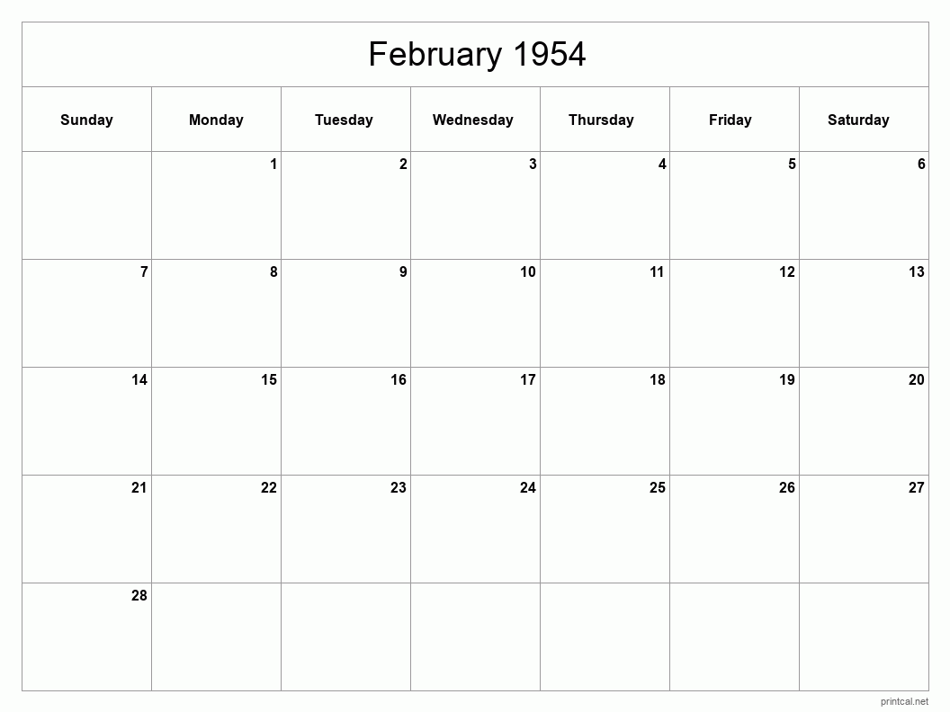 February 1954 Printable Calendar - Classic Blank Sheet