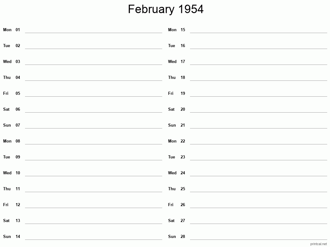 February 1954 Printable Calendar - Two Column Notesheet