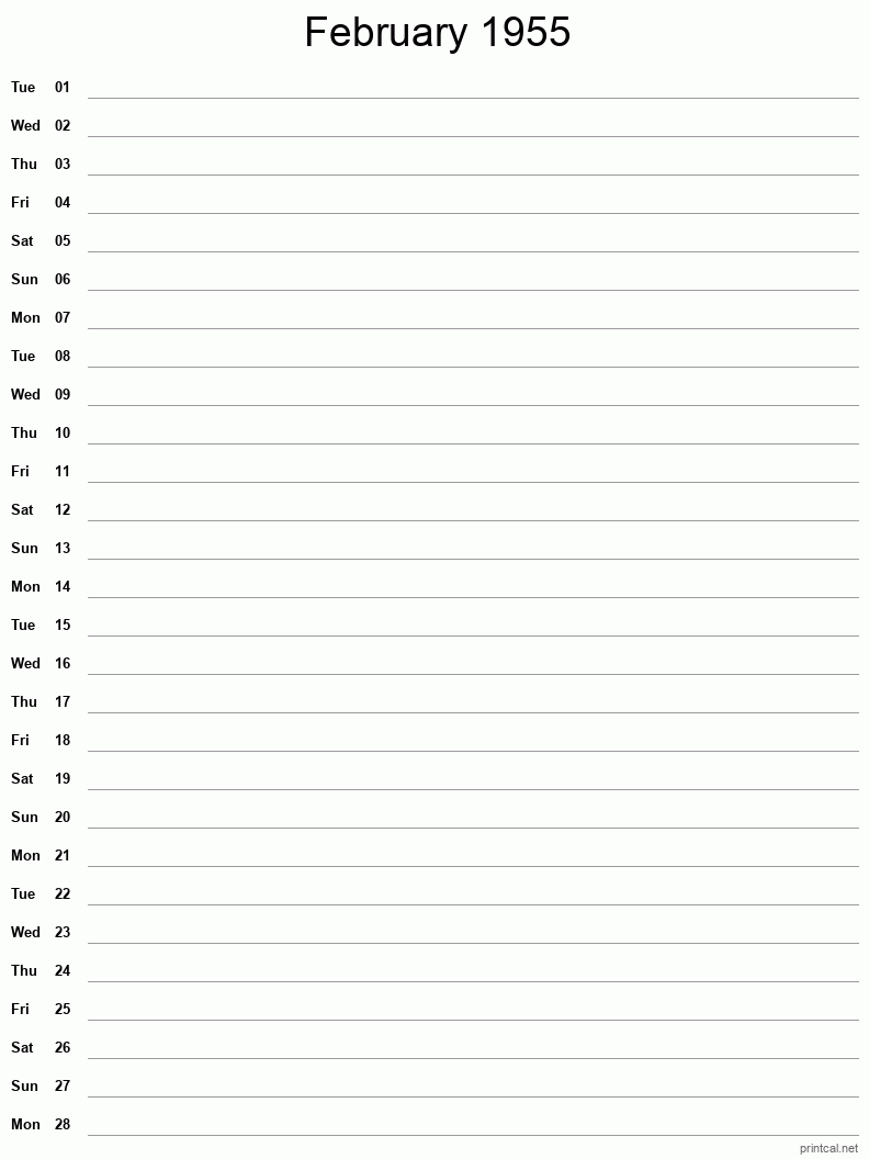 February 1955 Printable Calendar - Single Column Notesheet