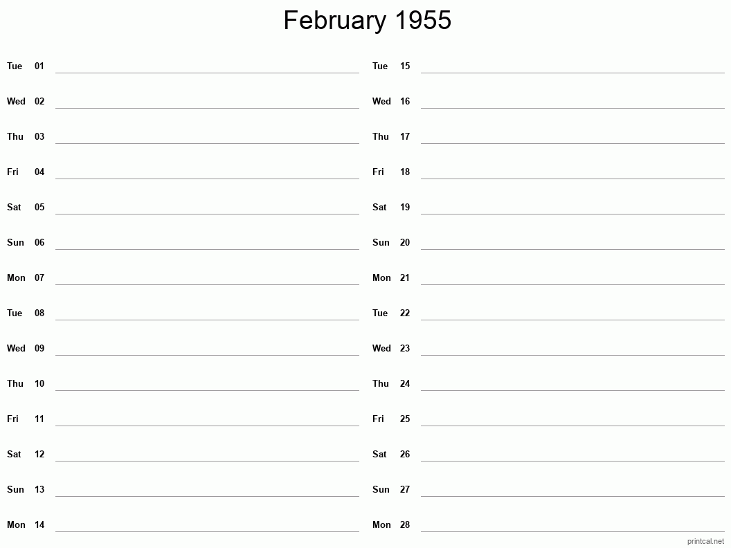 February 1955 Printable Calendar - Two Column Notesheet