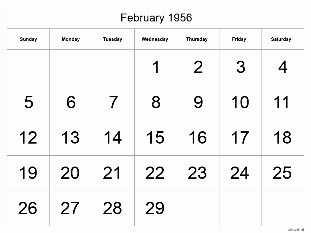 February 1956 Printable Calendar - Big Dates