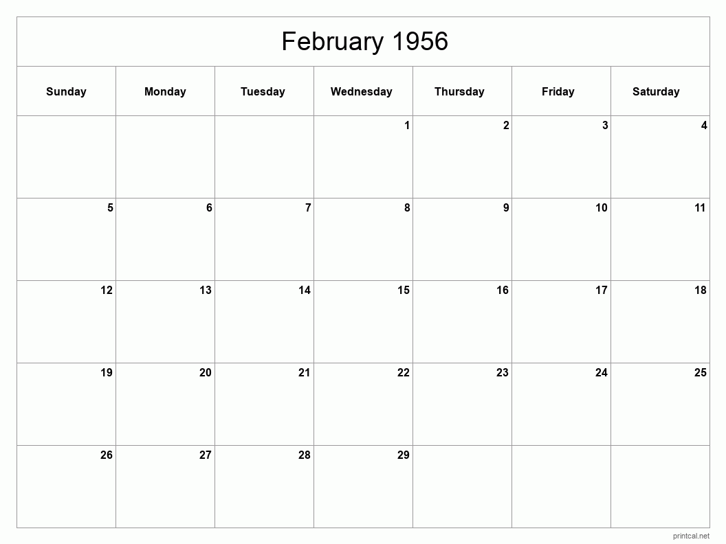 February 1956 Printable Calendar - Classic Blank Sheet