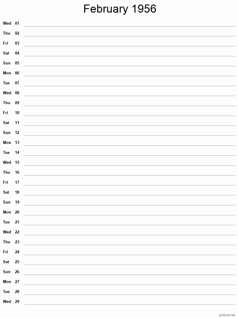 February 1956 Printable Calendar - Single Column Notesheet