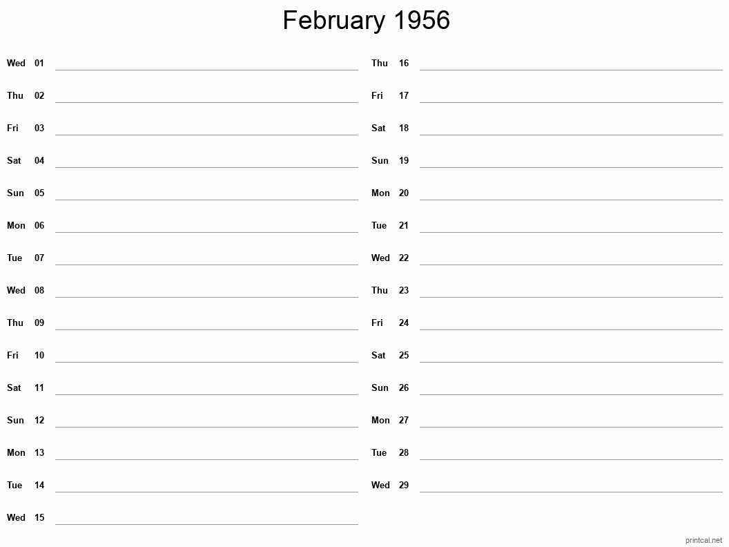 February 1956 Printable Calendar - Two Column Notesheet