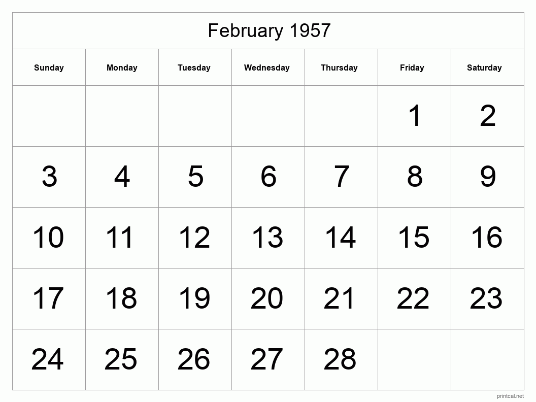 February 1957 Printable Calendar - Big Dates