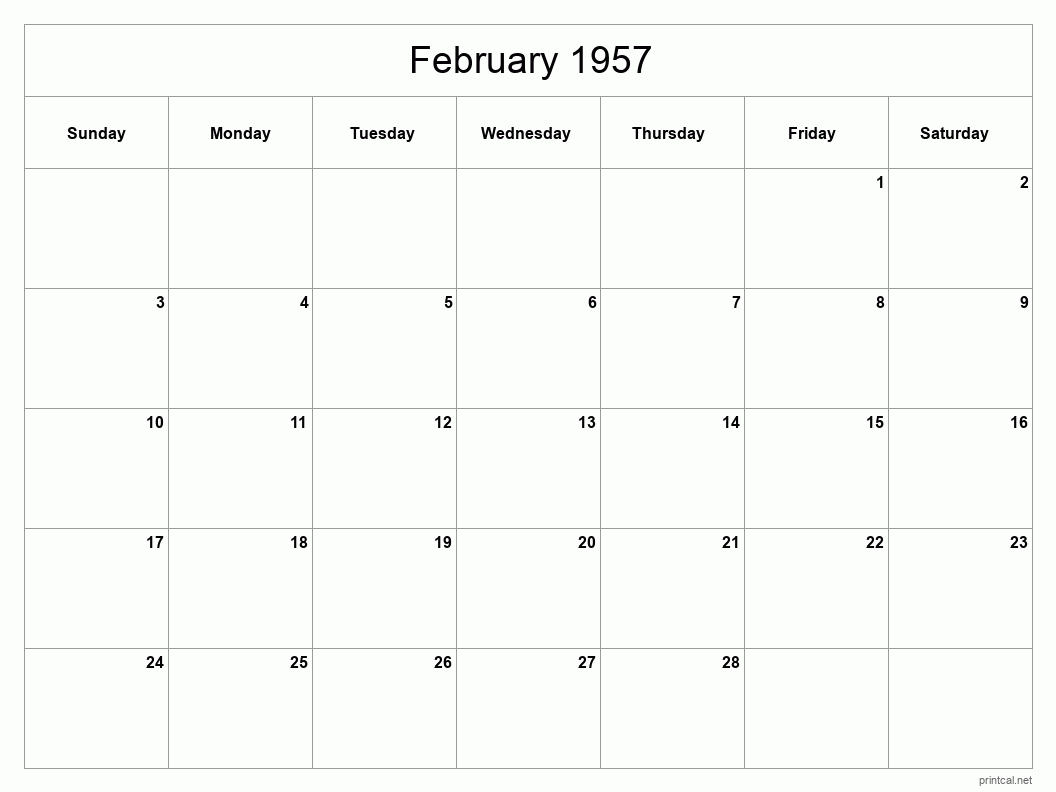 February 1957 Printable Calendar - Classic Blank Sheet