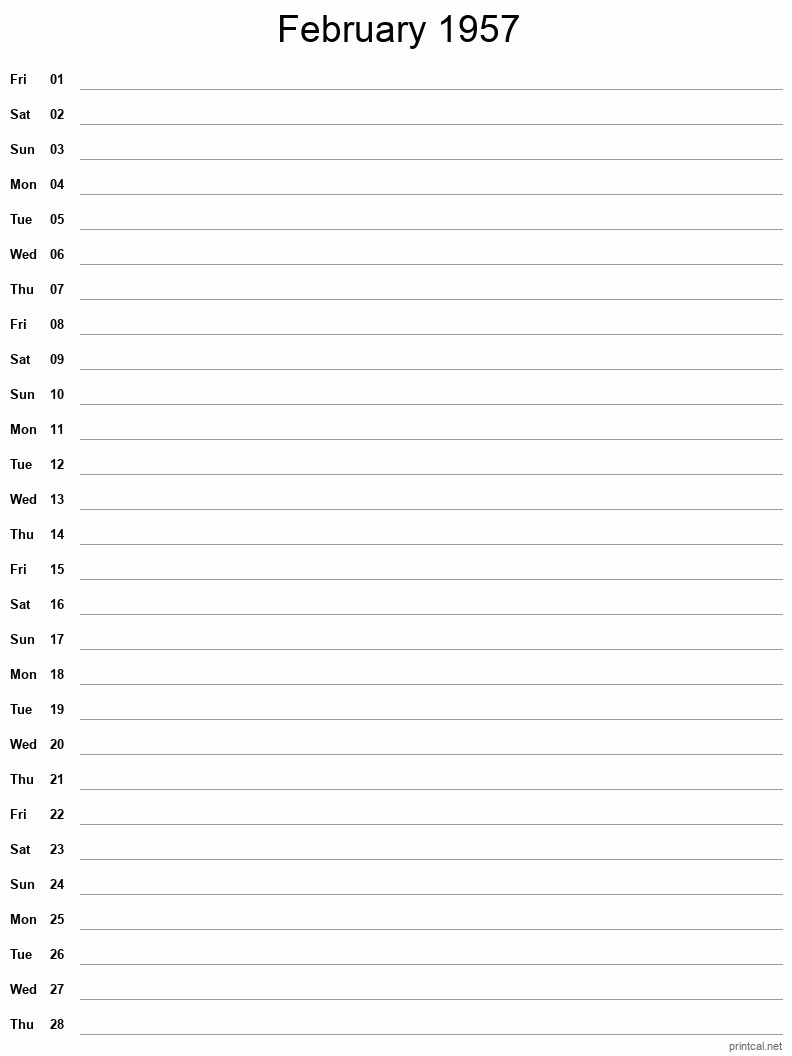 February 1957 Printable Calendar - Single Column Notesheet