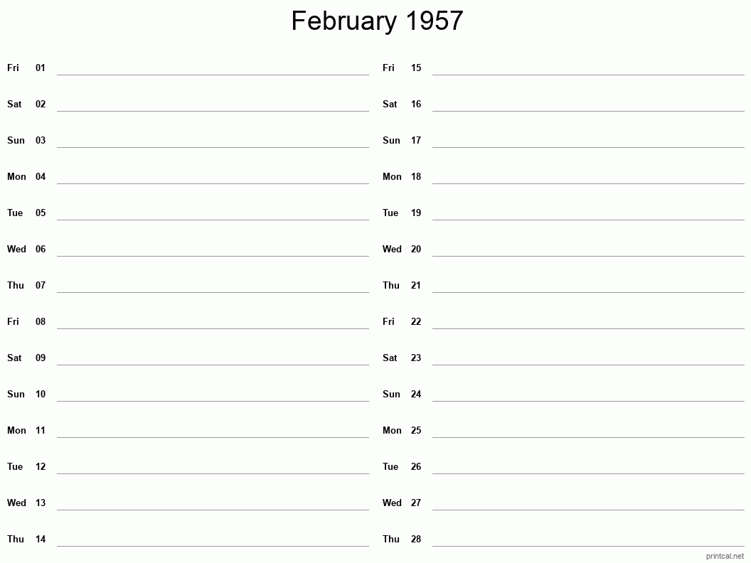 February 1957 Printable Calendar - Two Column Notesheet