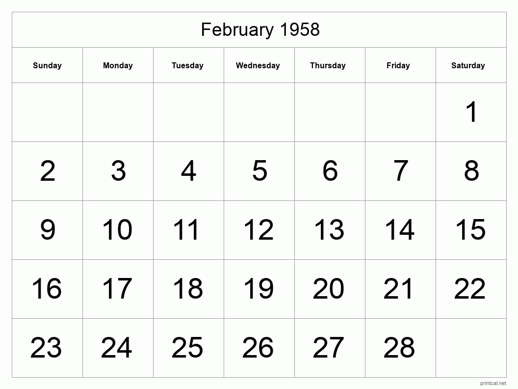 February 1958 Printable Calendar - Big Dates