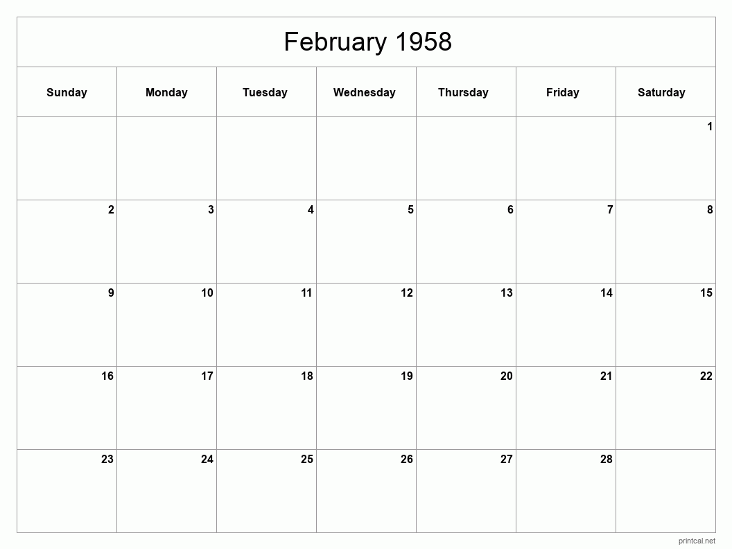 February 1958 Printable Calendar - Classic Blank Sheet