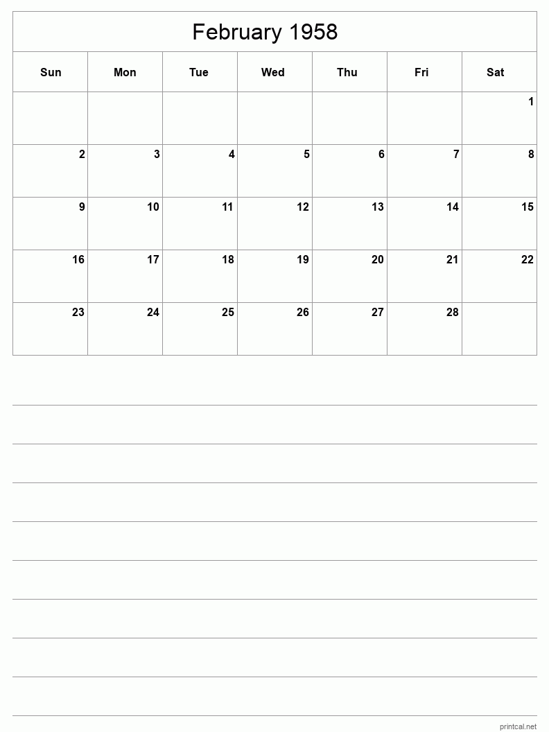 February 1958 Printable Calendar - Half-Page With Notesheet