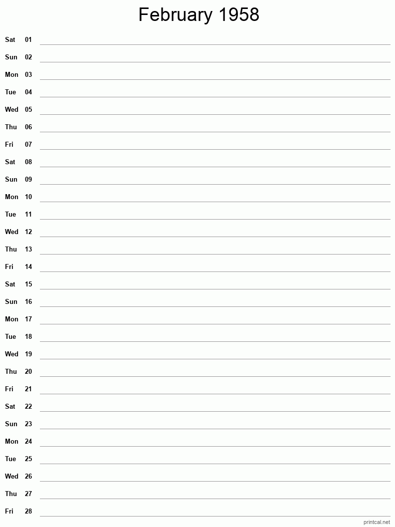 February 1958 Printable Calendar - Single Column Notesheet